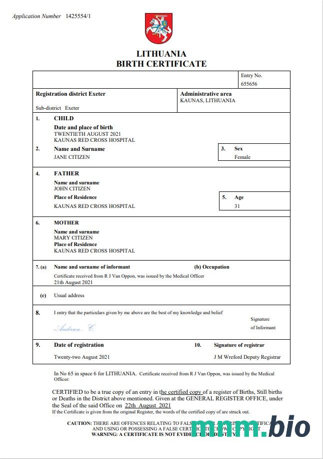 Lithuania narodziny certyfikat Word i PDF szablon